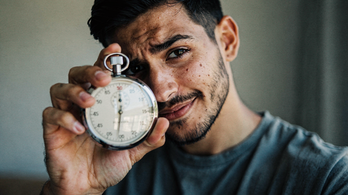 Mann hält eine Stoppuhr vor sein Gesicht und blickt skeptisch in die Kamera — künstlichen Zeitdruck beim Vertrag erkennen
