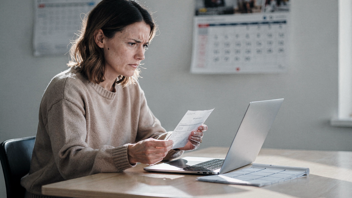 Person prüft Vertrag mit Highlighter, Laptop zeigt Kündigungsbutton