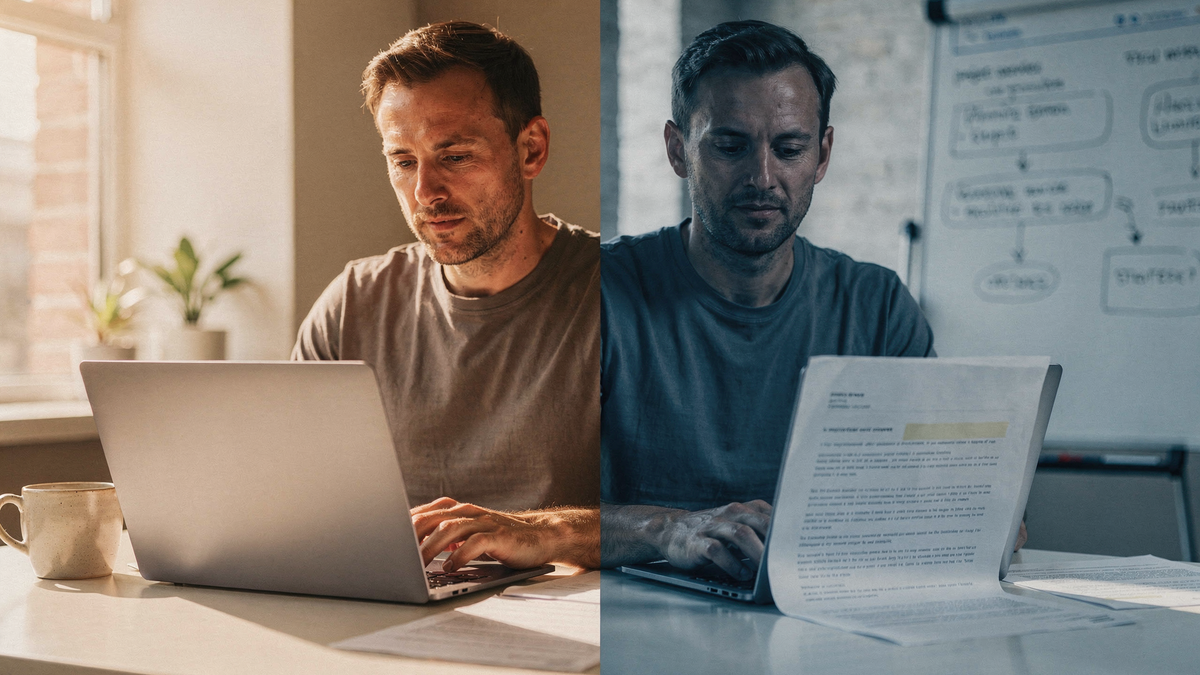 Laptop auf Küchentisch mit Arbeitsvertrag im Hintergrund — Home-Office-Klausel im Vergleich