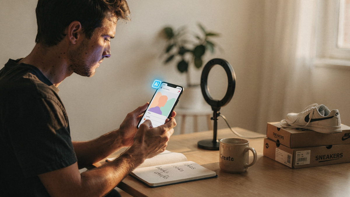 Creator kennzeichnet einen KI-generierten Social-Media-Post am Smartphone — KI-Label nach AI Act