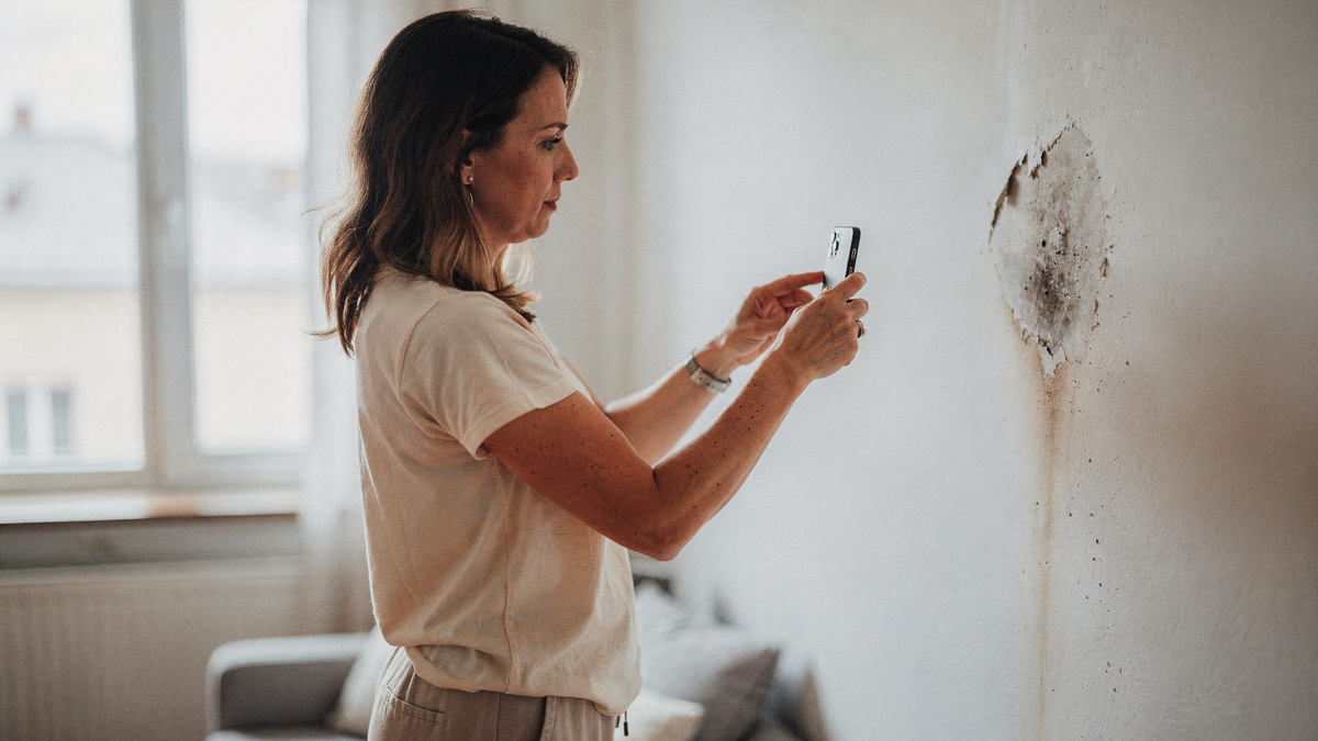 Mieterin fotografiert Schimmelfleck an der Wand mit dem Smartphone — Beweisfoto für Mängelanzeige und Mietminderung